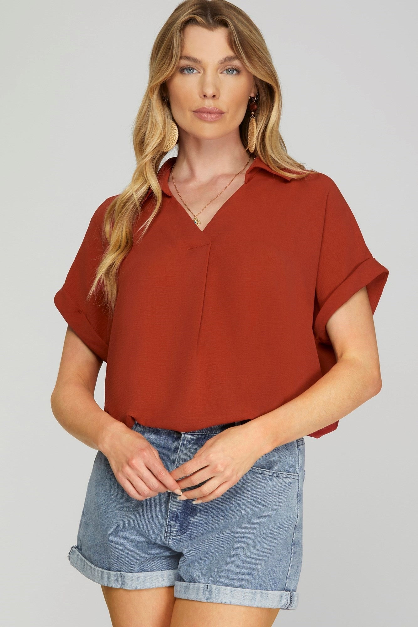 Drop Shoulder Collar Top