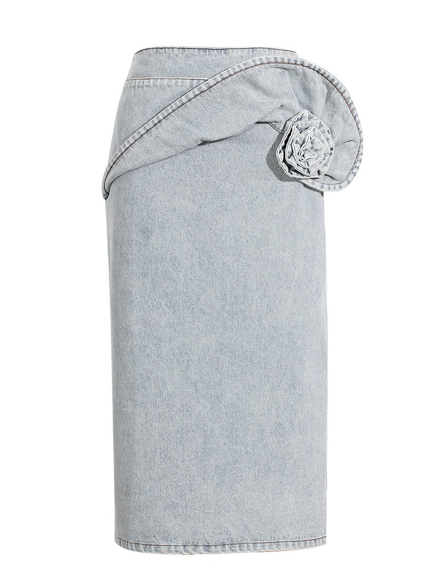 Denim Midi Skirt w/ Flower