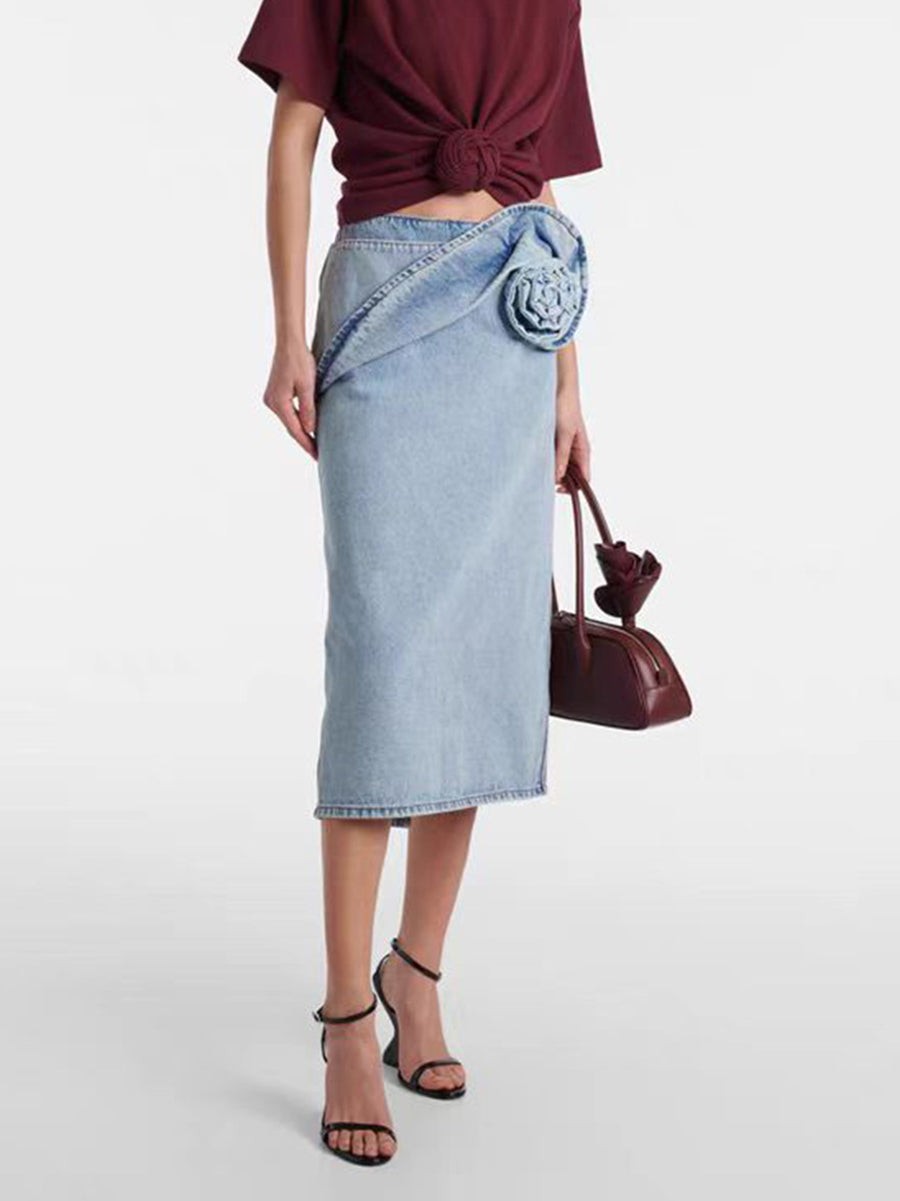 Denim Midi Skirt w/ Flower