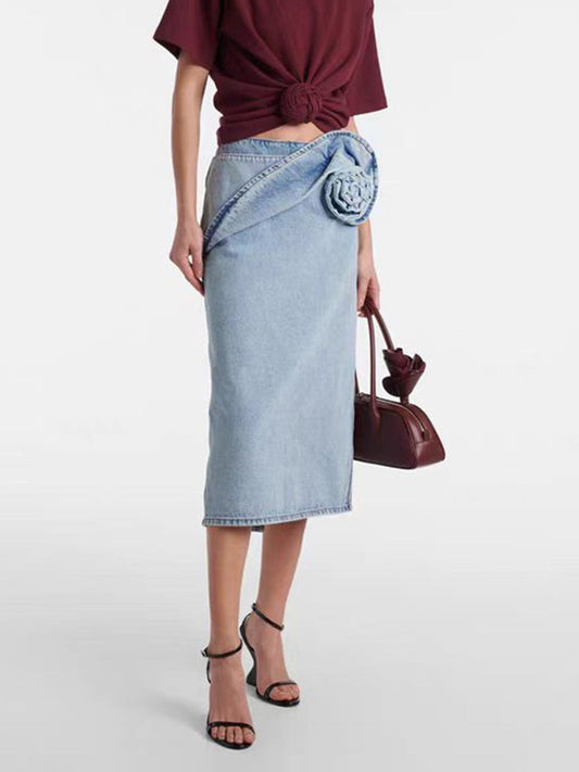 Denim Midi Skirt w/ Flower