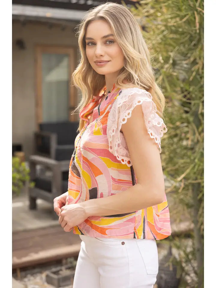 Lace Slv Abstract Print Top