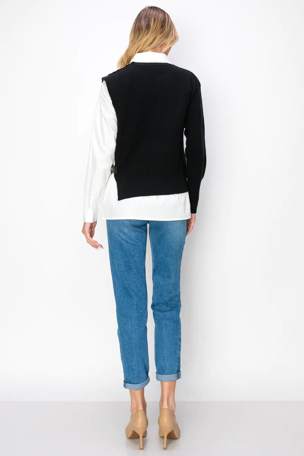 Pleated Shirt w/ Knit Sweater
