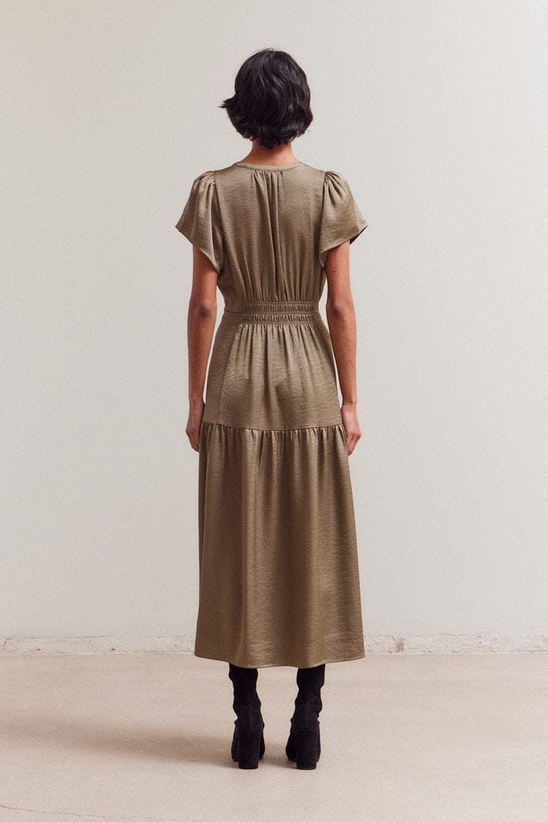 Ruffle Satin Midi Tapenade