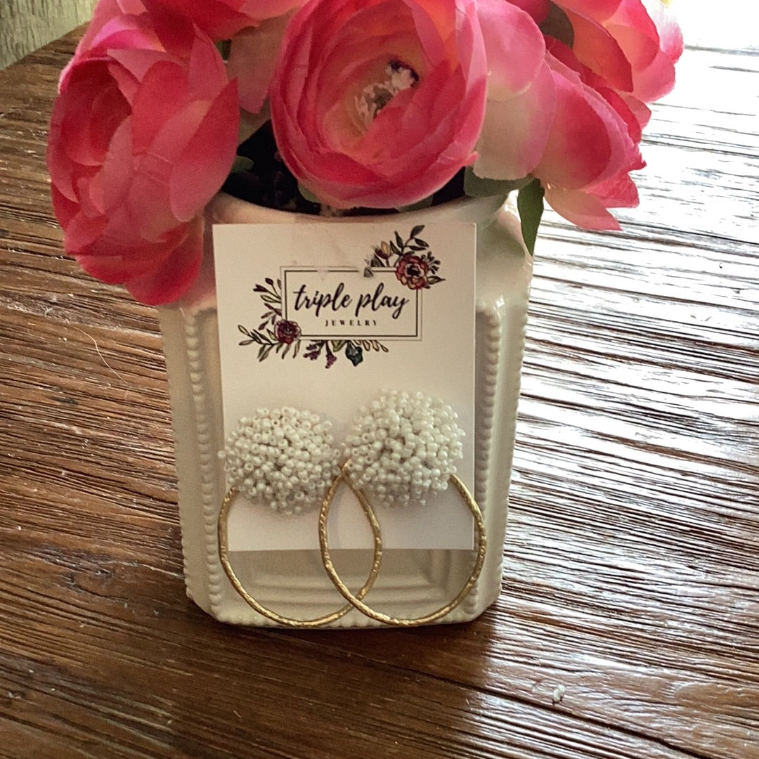 White bead Pom Pom duo earring