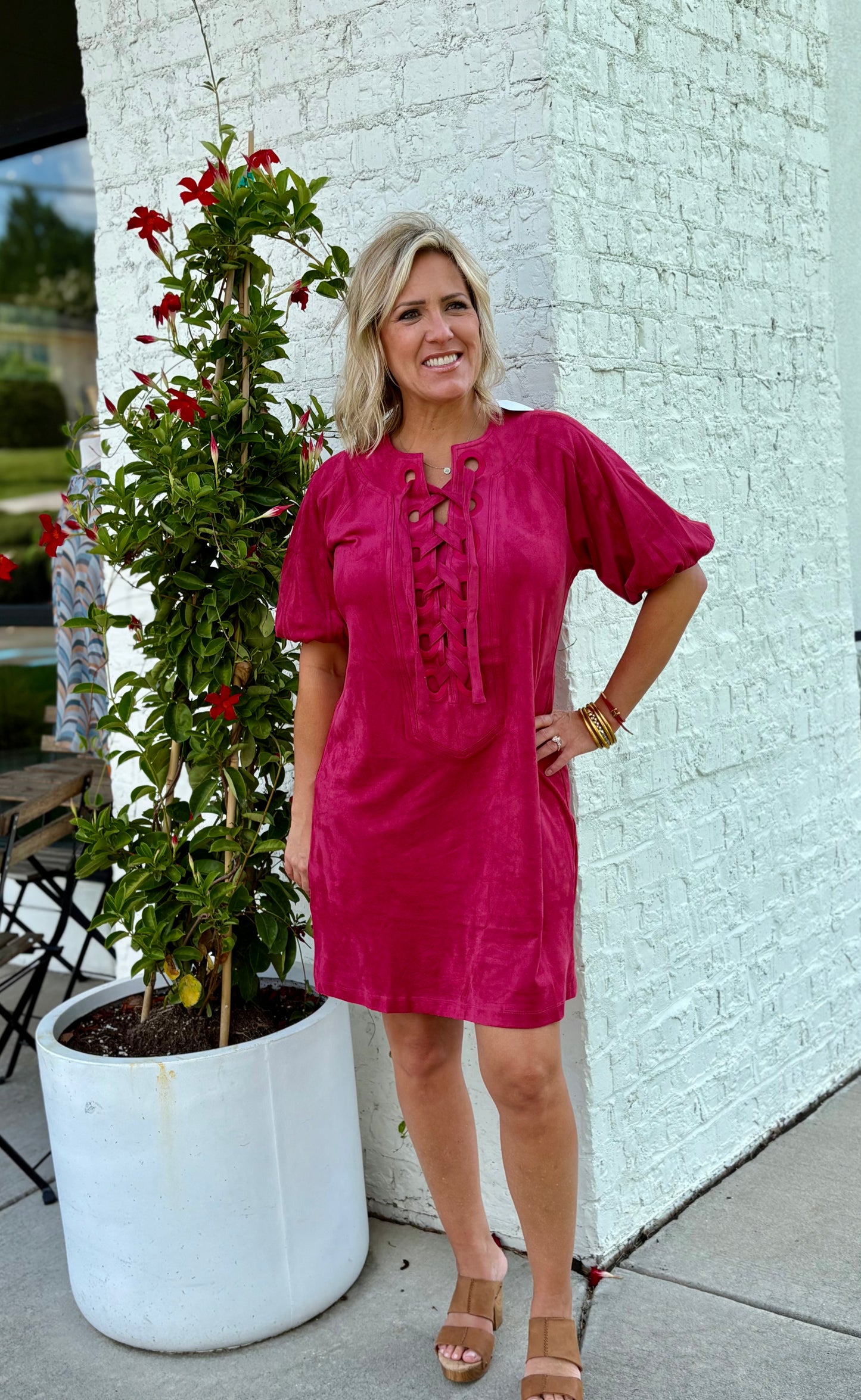 Vegan suede tie front dress