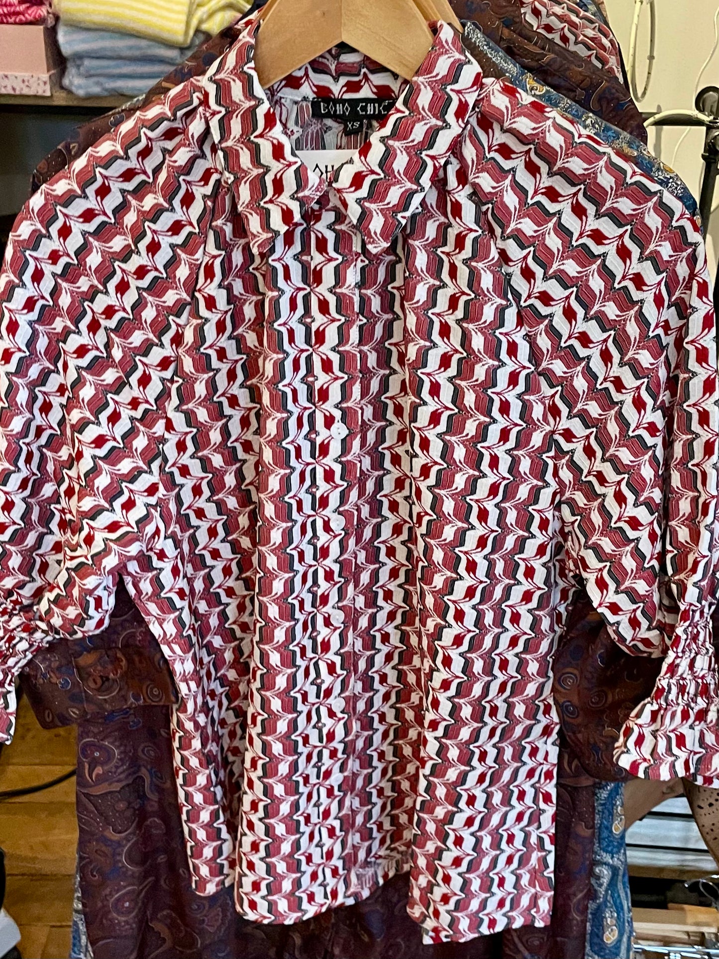 Crimson geo print blouse
