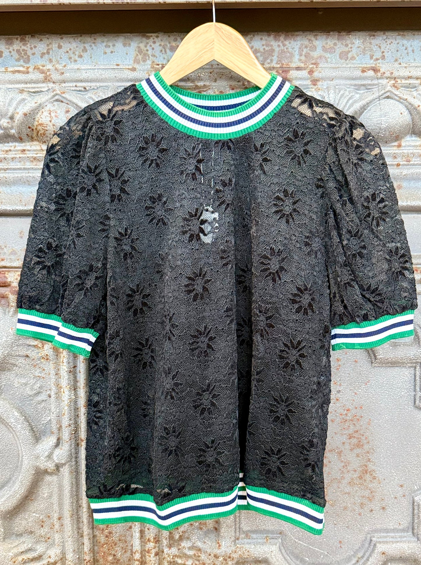 Stripe Trim Lace Top