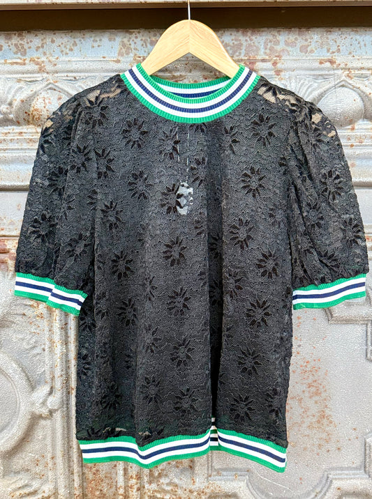 Stripe Trim Lace Top