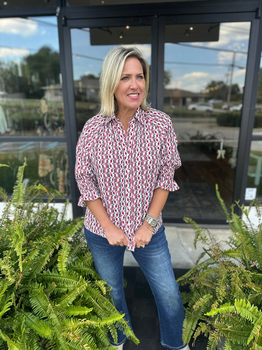 Crimson geo print blouse
