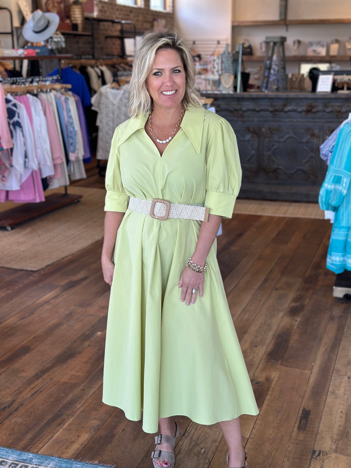 Point Collar Puff Slv Dress