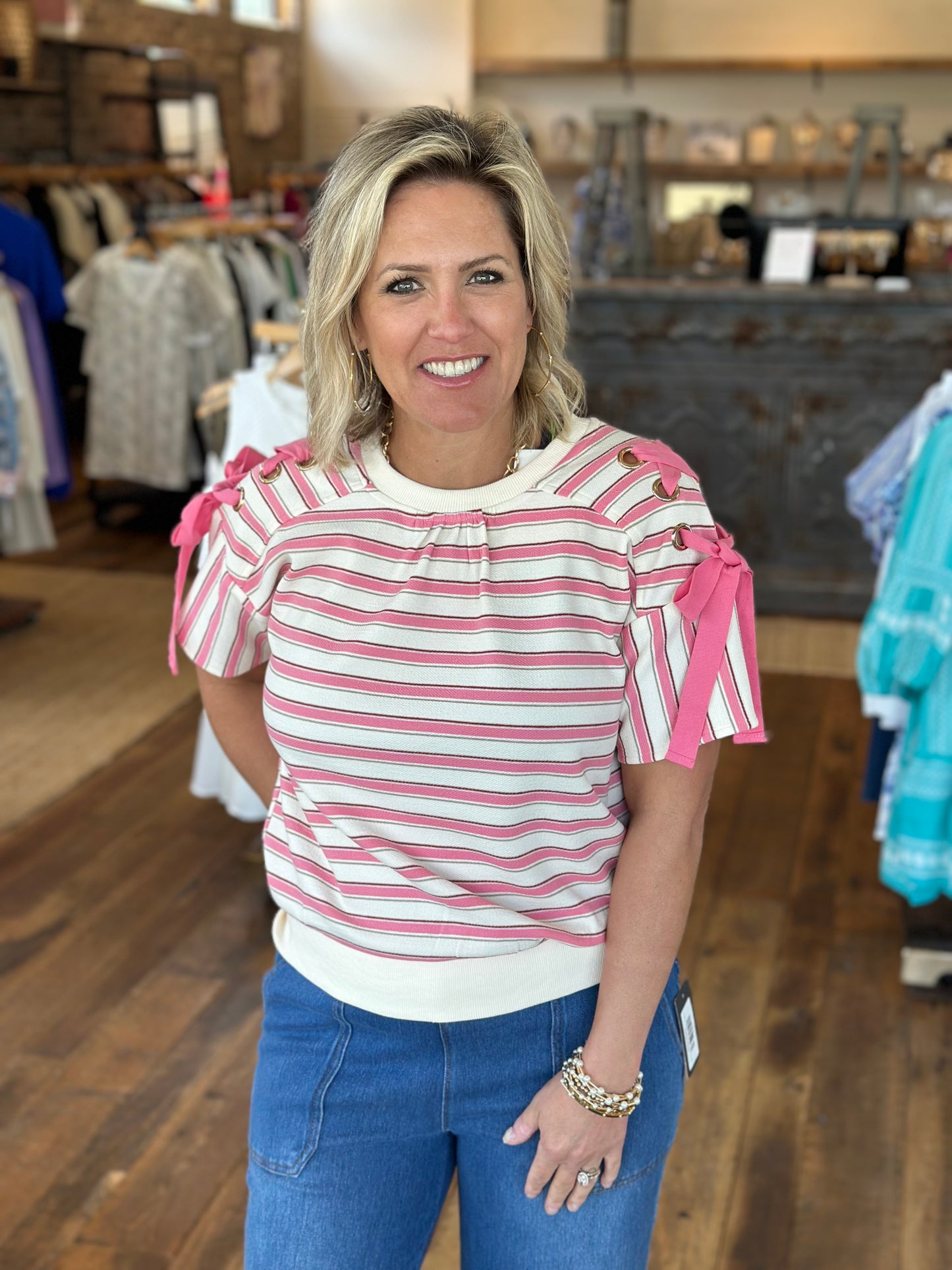 Lace Shoulder Stripe Top