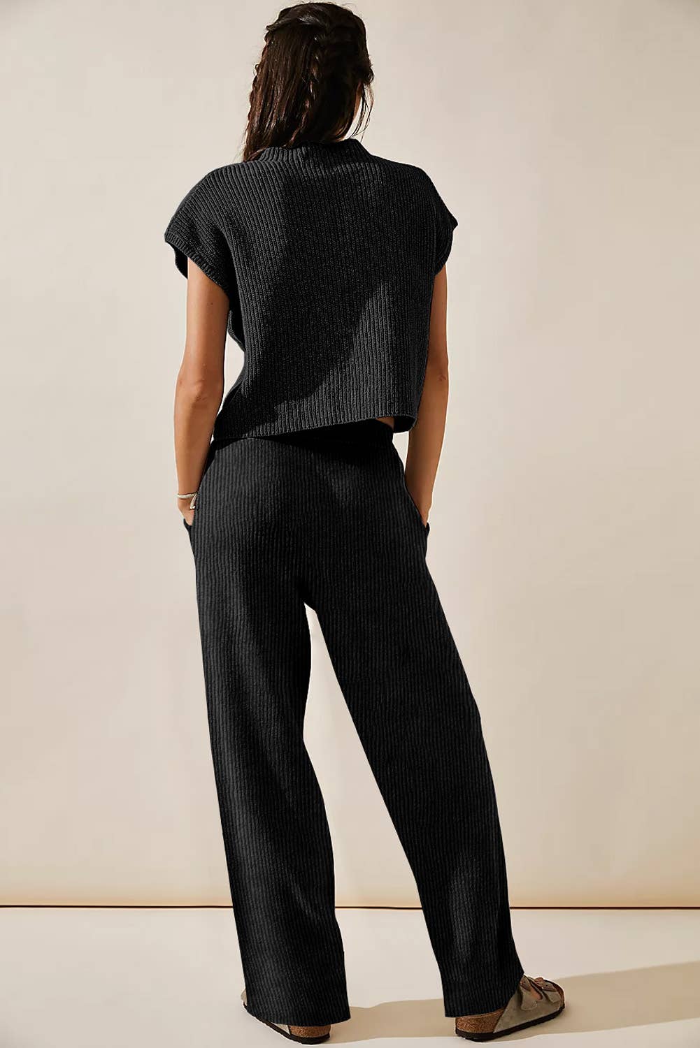 Ribbed Sweater and Pants Set: XL / Black