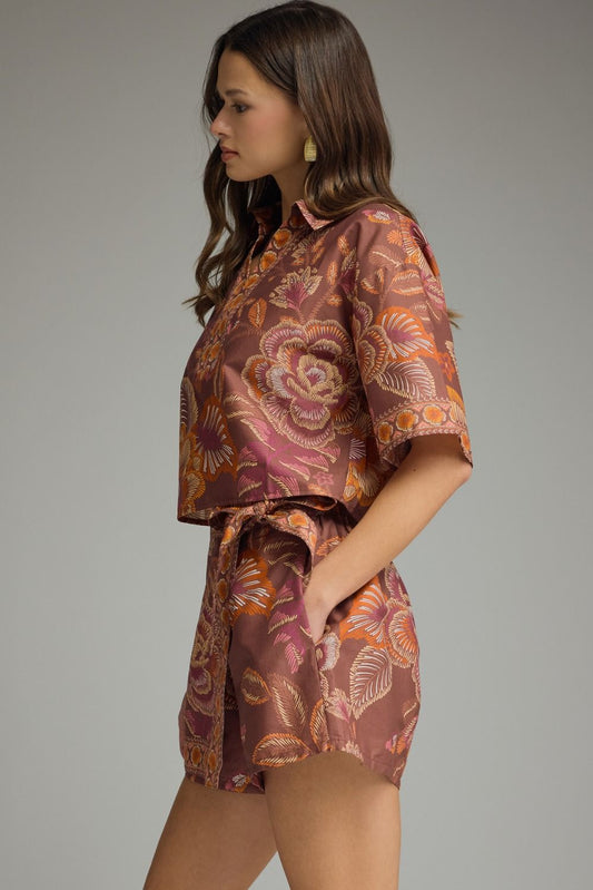 orange burst crop blouse