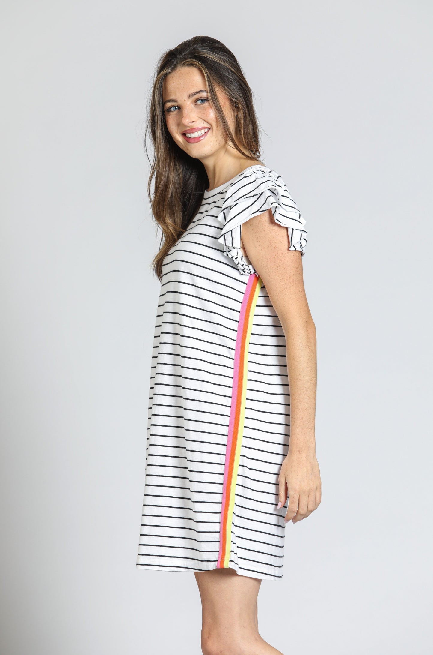 Side Stripe Ruffle Slv Dress