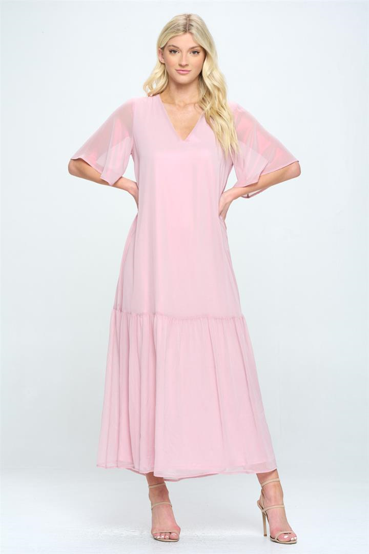Solid Foil Flutter Sleeve Maxi Dress