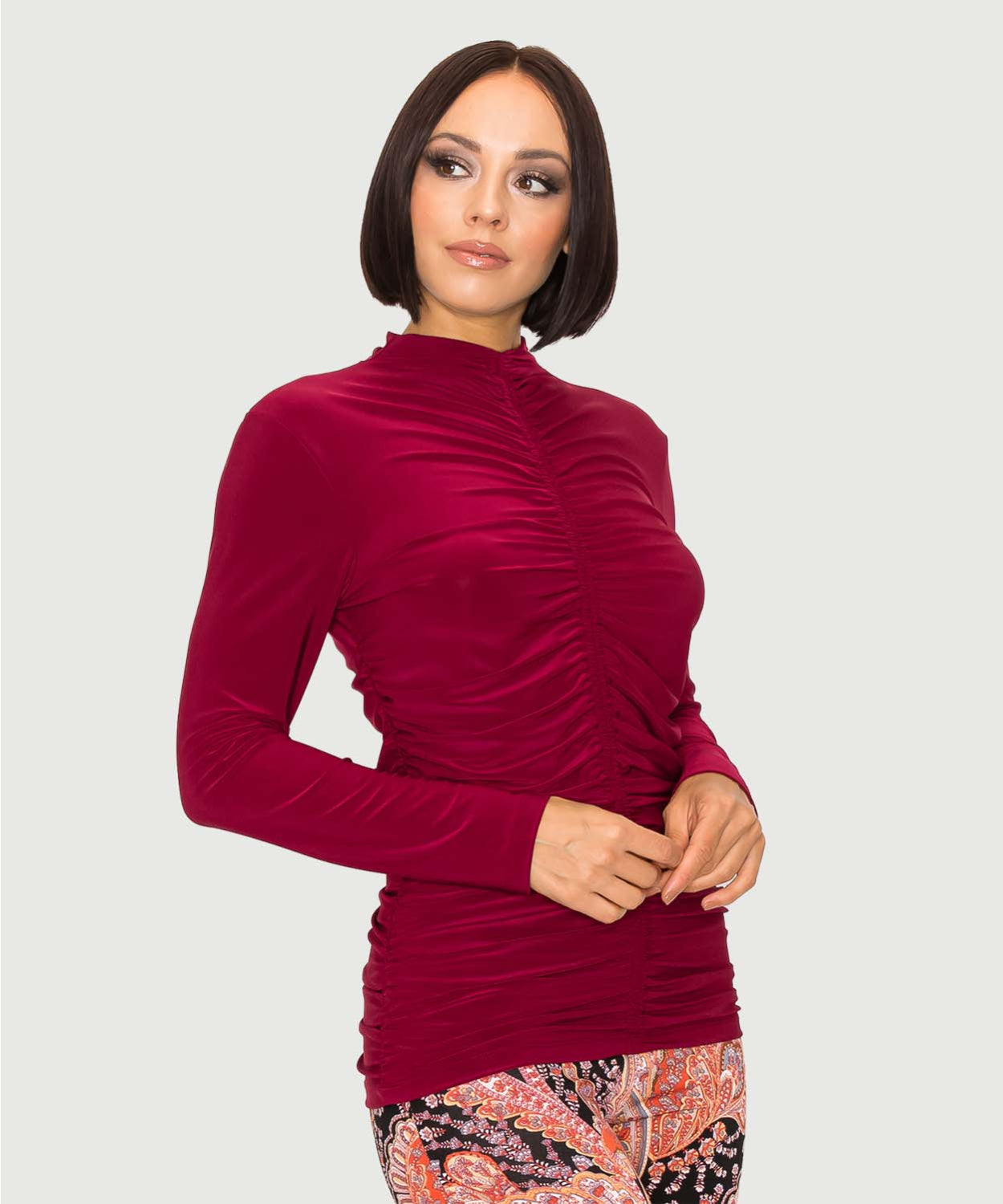 All Over Rouched Mock Neck Blouse