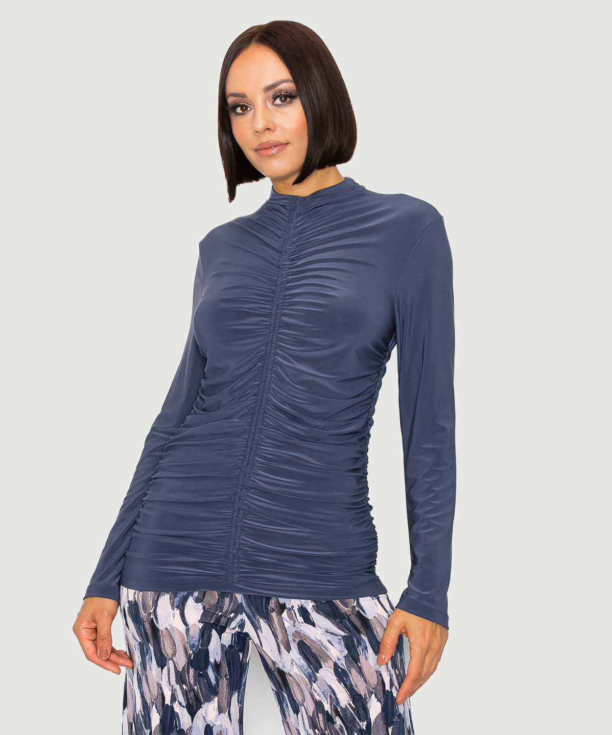 All Over Rouched Mock Neck Blouse