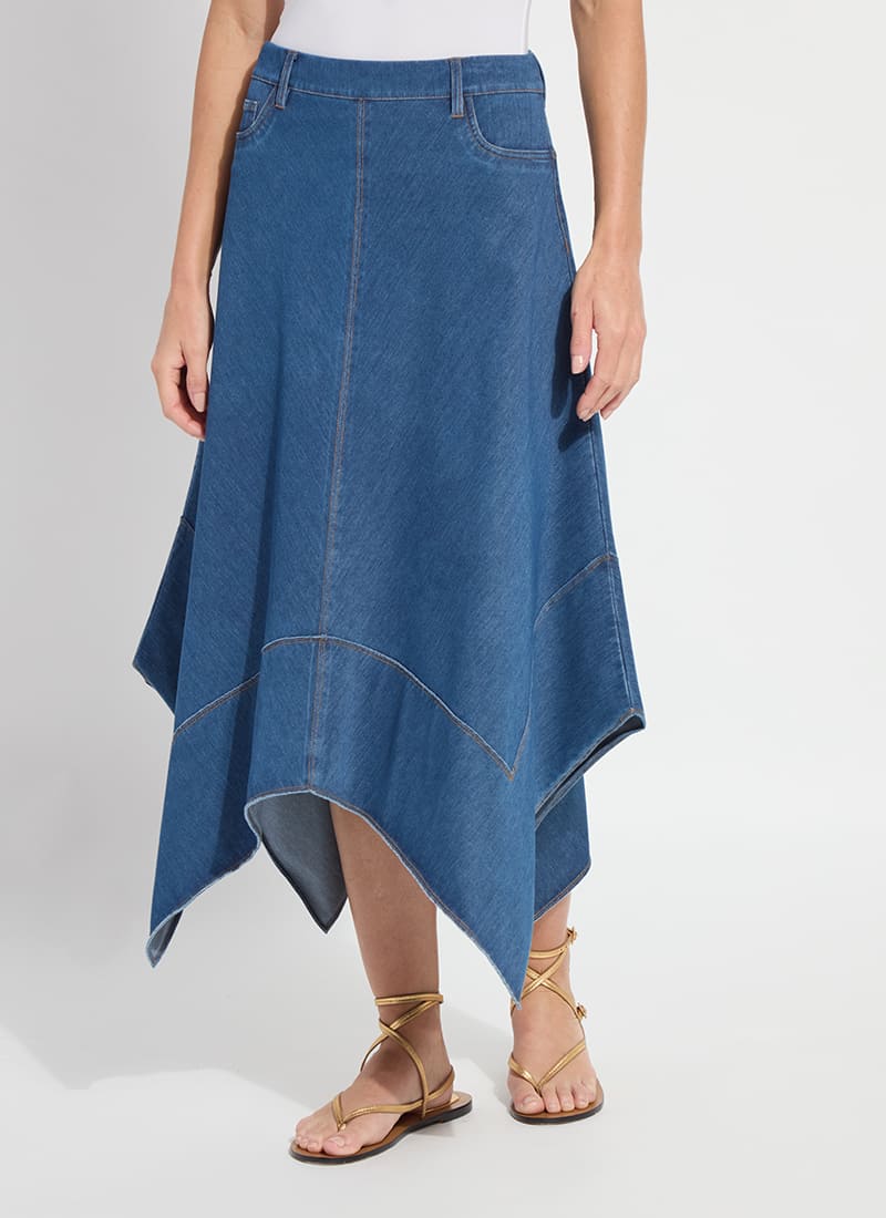 Assymetrical Hem pull on denim skirt