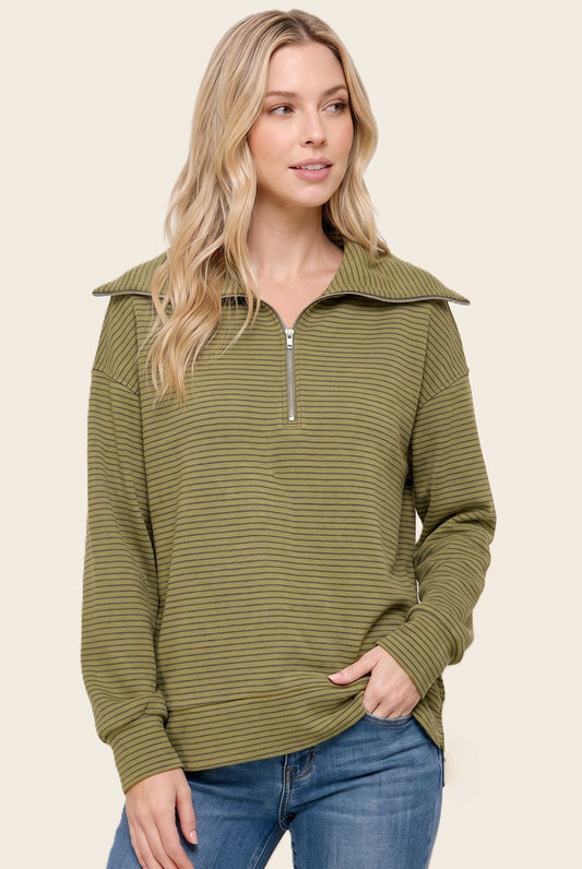 Half Zip Collar Stripe Top