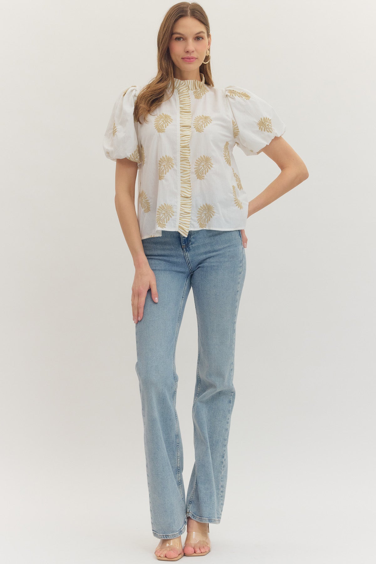 Ruffle Front Emb Top