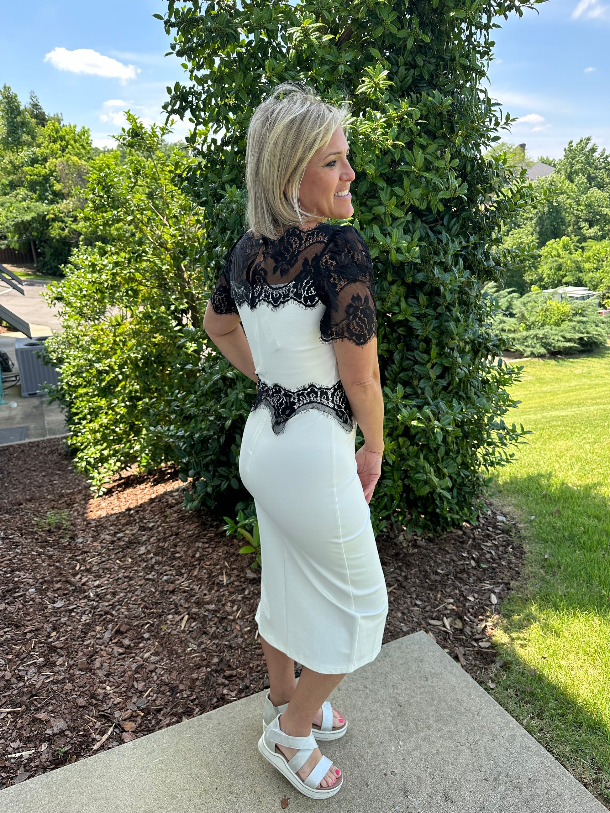 White Dress W/Black Lace Serendipity White Dress W/Black Lace Serendipity