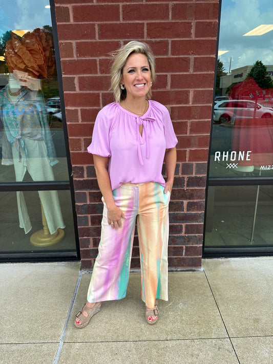 S/S Split Neck Tie Top