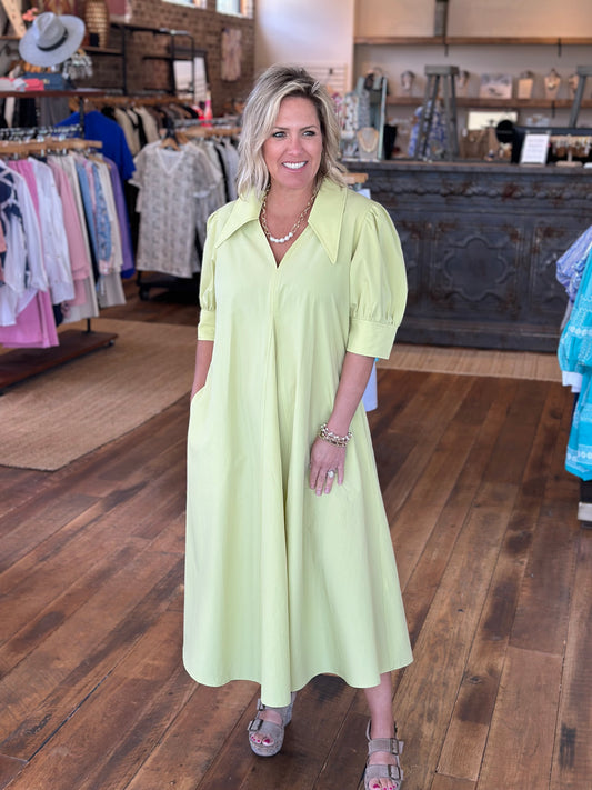 Pointed Collar Puff Slv Dress