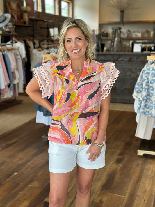 Lace Slv Abstract Print Top