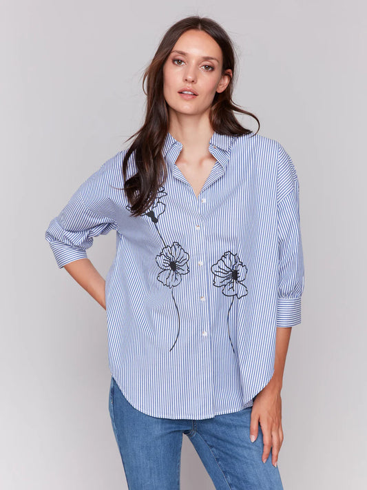 Stripe Flower Tie Blouse