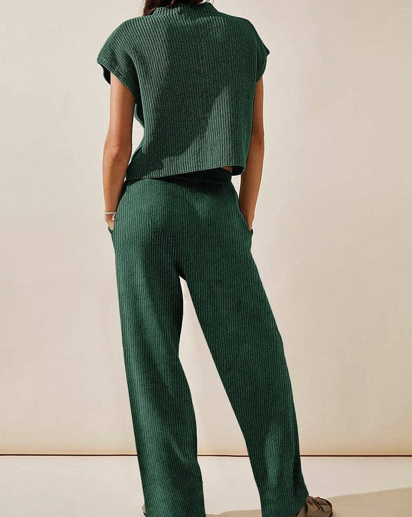 Ribbed Sweater and Pants Set: M / Green