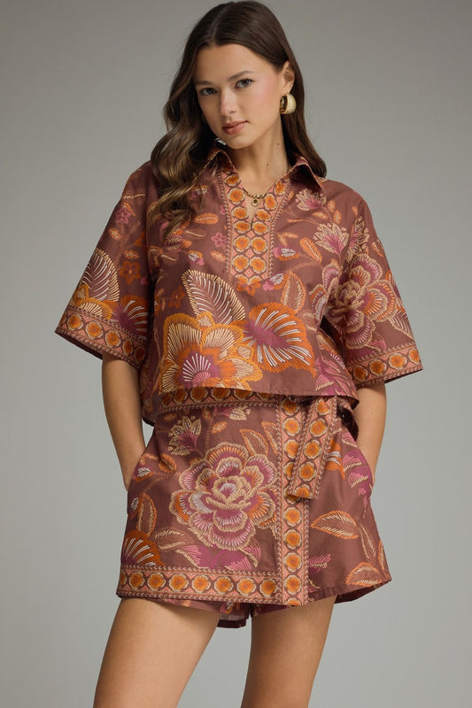 orange burst crop blouse