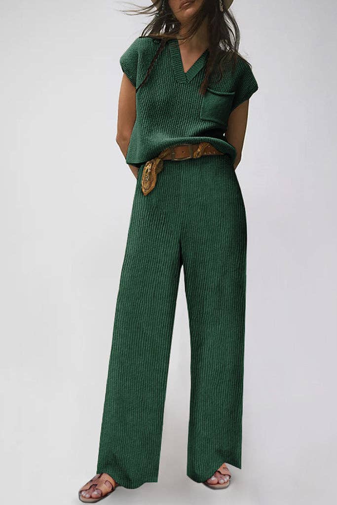 Ribbed Sweater and Pants Set: L / Green