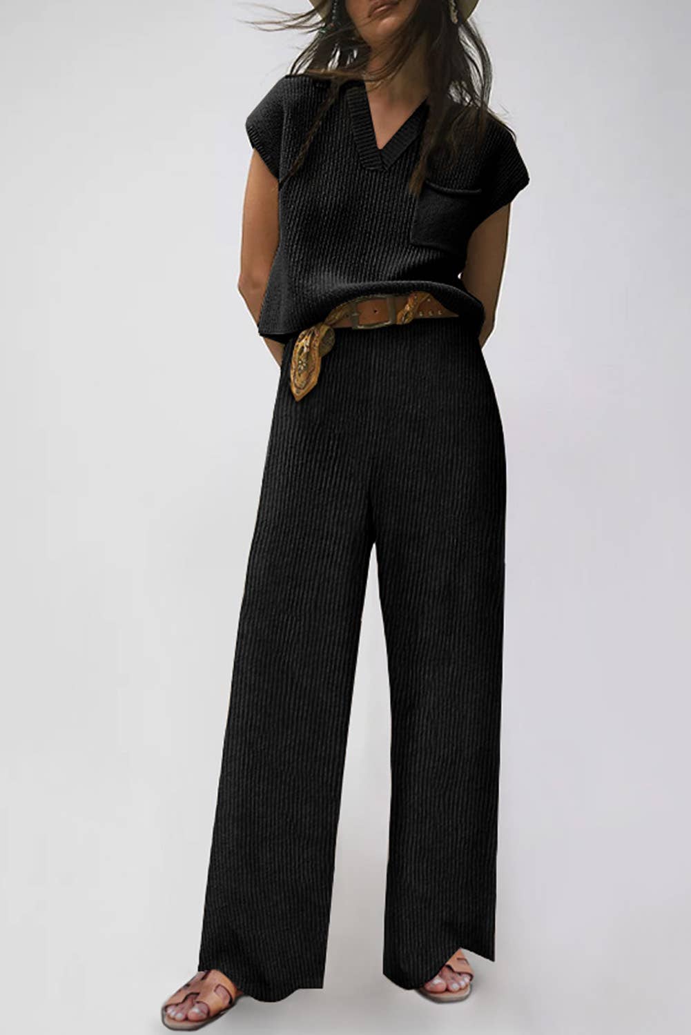 Ribbed Sweater and Pants Set: L / Black