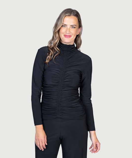 All Over Rouched Mock Neck Blouse